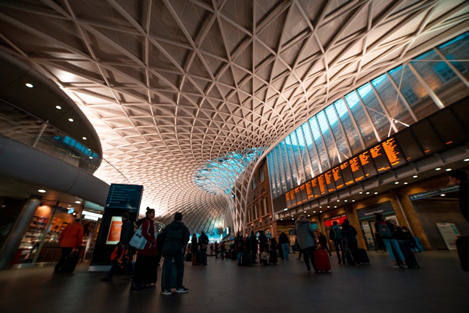 Interior view of Kings Cross station with a high, domed ceiling featuring a geometric lattice pattern made of metal and glass, allowing natural light to illuminate the bustling platform. The spacious 